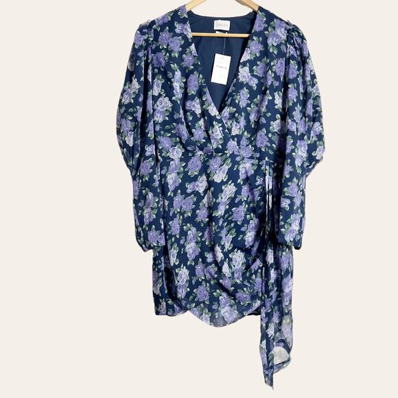 Saylor Merritt Blue Purple Floral Print Puff Long Sleeve Mini Dress Size L New - Picture 7 of 9